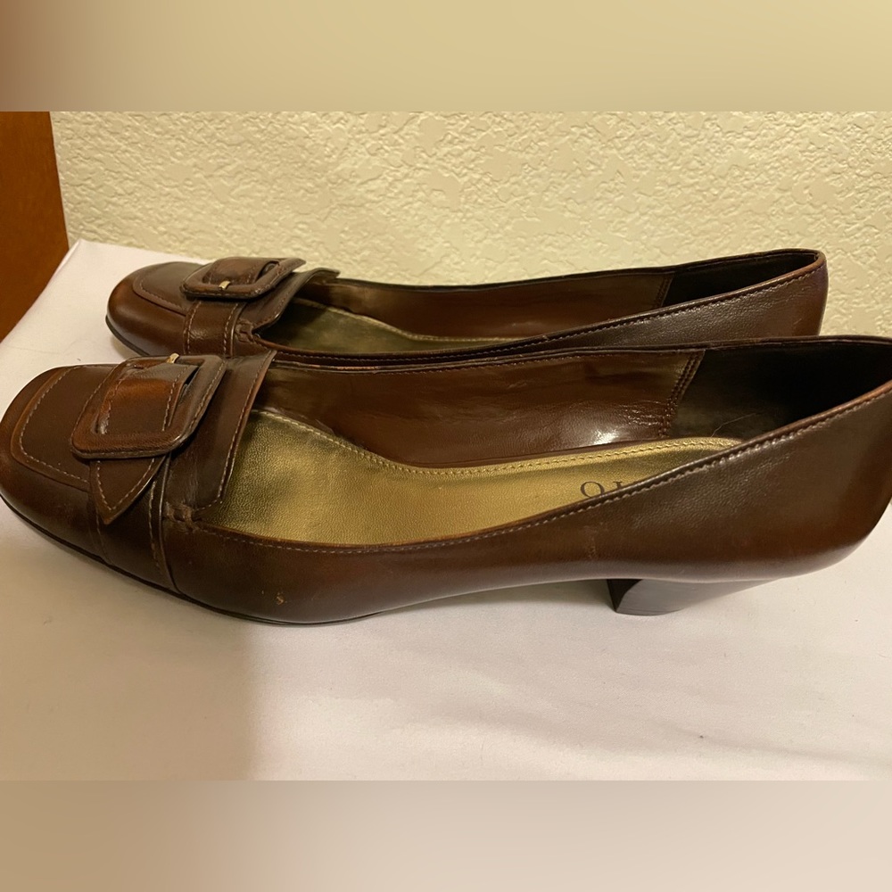 Franco Sarto Pumps Brown Patent Leather Buckle Square Toe